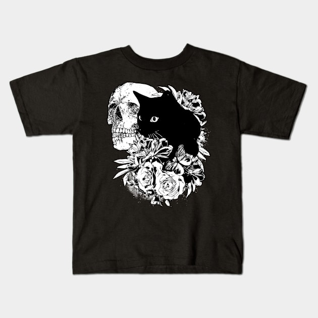 Skull and Black cat with peony, skeleton with flowers, black and white drawing Kids T-Shirt by Collagedream